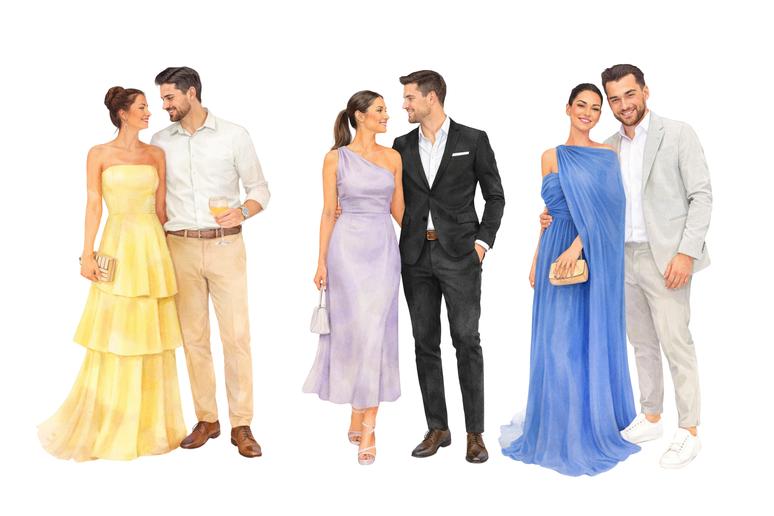 Ilustração de casal elegante: homem com terno e gravata, mulher com vestido longo, representando o traje esporte fino